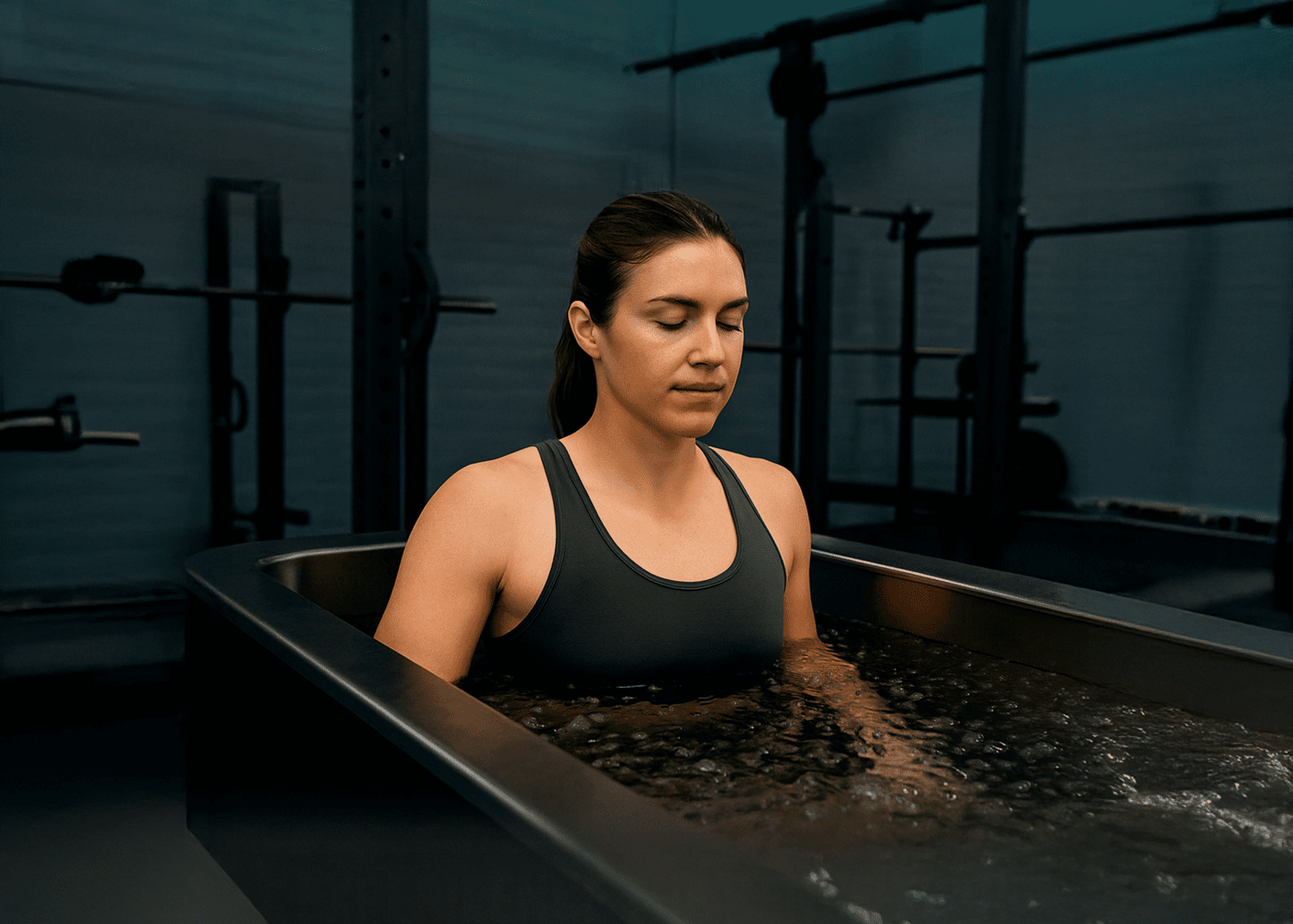 A member in the cold plunge at the Extreme Fitness recovery area.